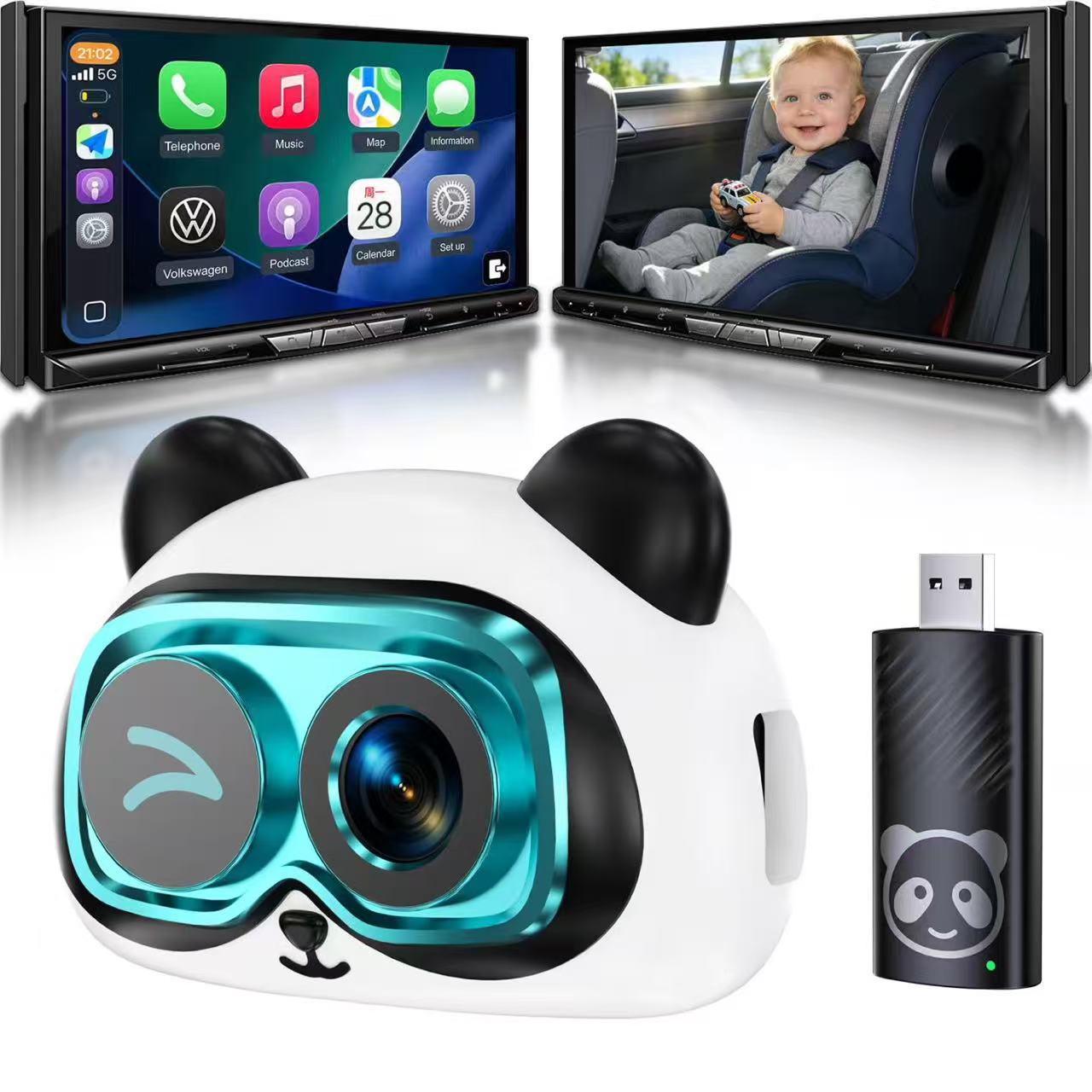 Portable Wireless CarPlay Adapter with Bluetooth Car Camera Back Seat Pet Monitoring